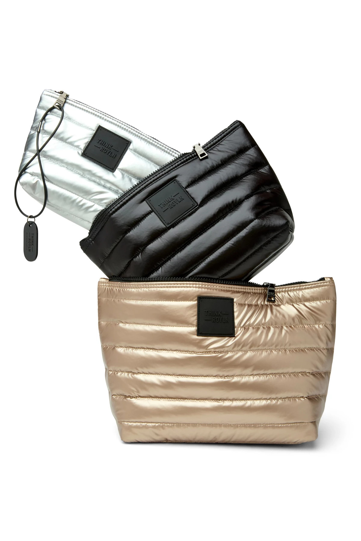 PEARL CASHMERE,PEARL BLACK&SILVER Quilted Puffer Trio Pouch Set image number 1