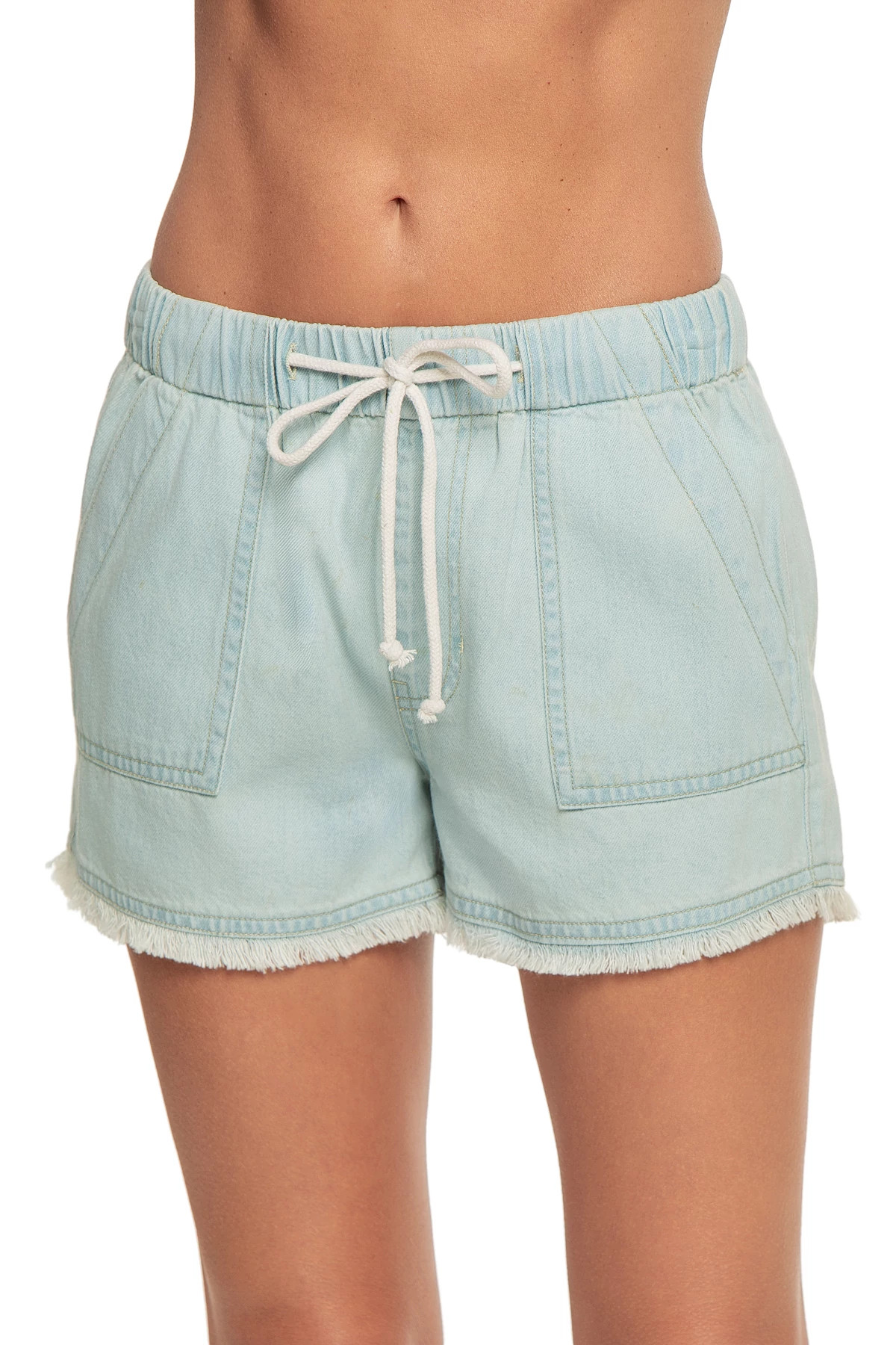 LIGHT BLUE Drawstring Denim Frayed Hem Shorts image number 1