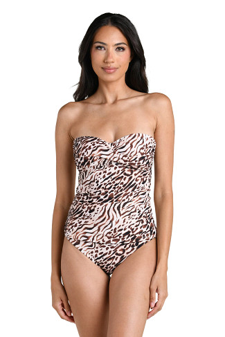 TAUPE Animal Print Ruched Bandeau Tankini Top