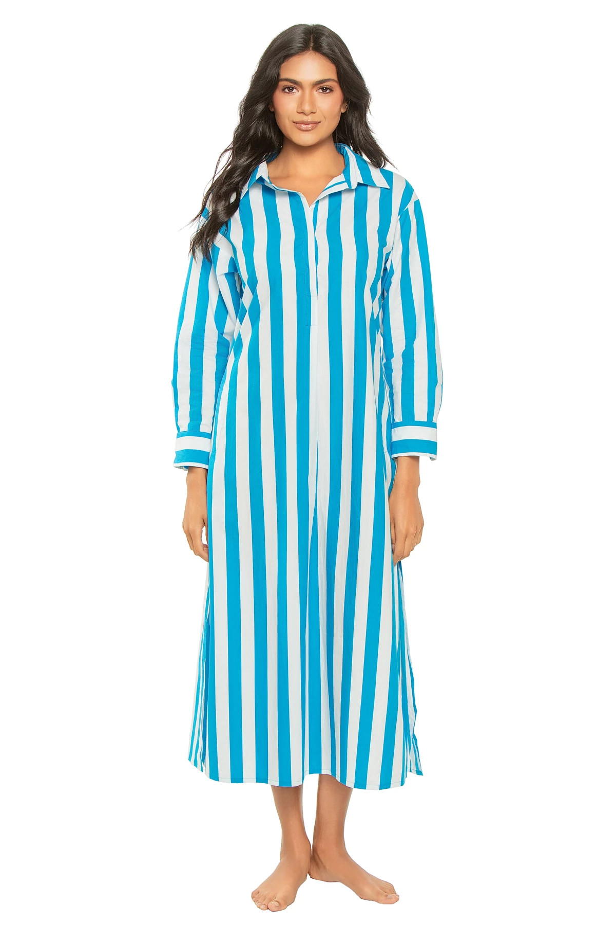 STRIPES BLUE Brussels Cotton Long Sleeve Maxi Dress image number 1