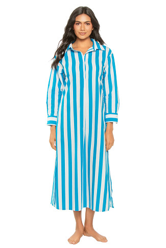 STRIPES BLUE Brussels Cotton Long Sleeve Maxi Dress