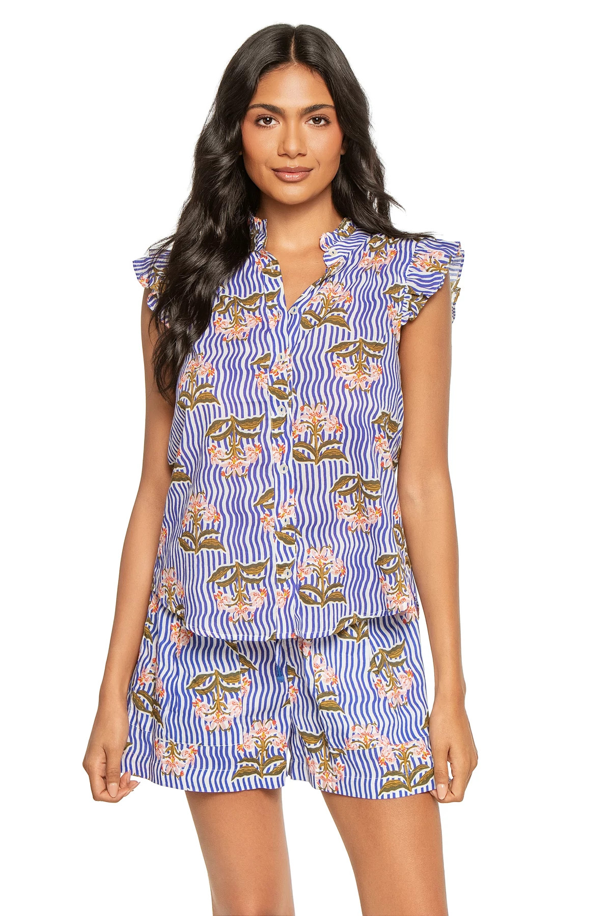 MOANA BLUE Frida Cotton Ruffle Cap Sleeve Blouse image number 1