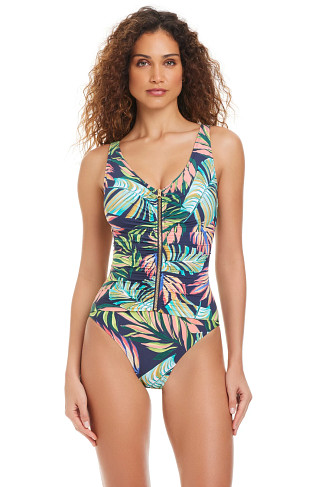 DARK NAVY Zipper Front One Piece Swimsuit