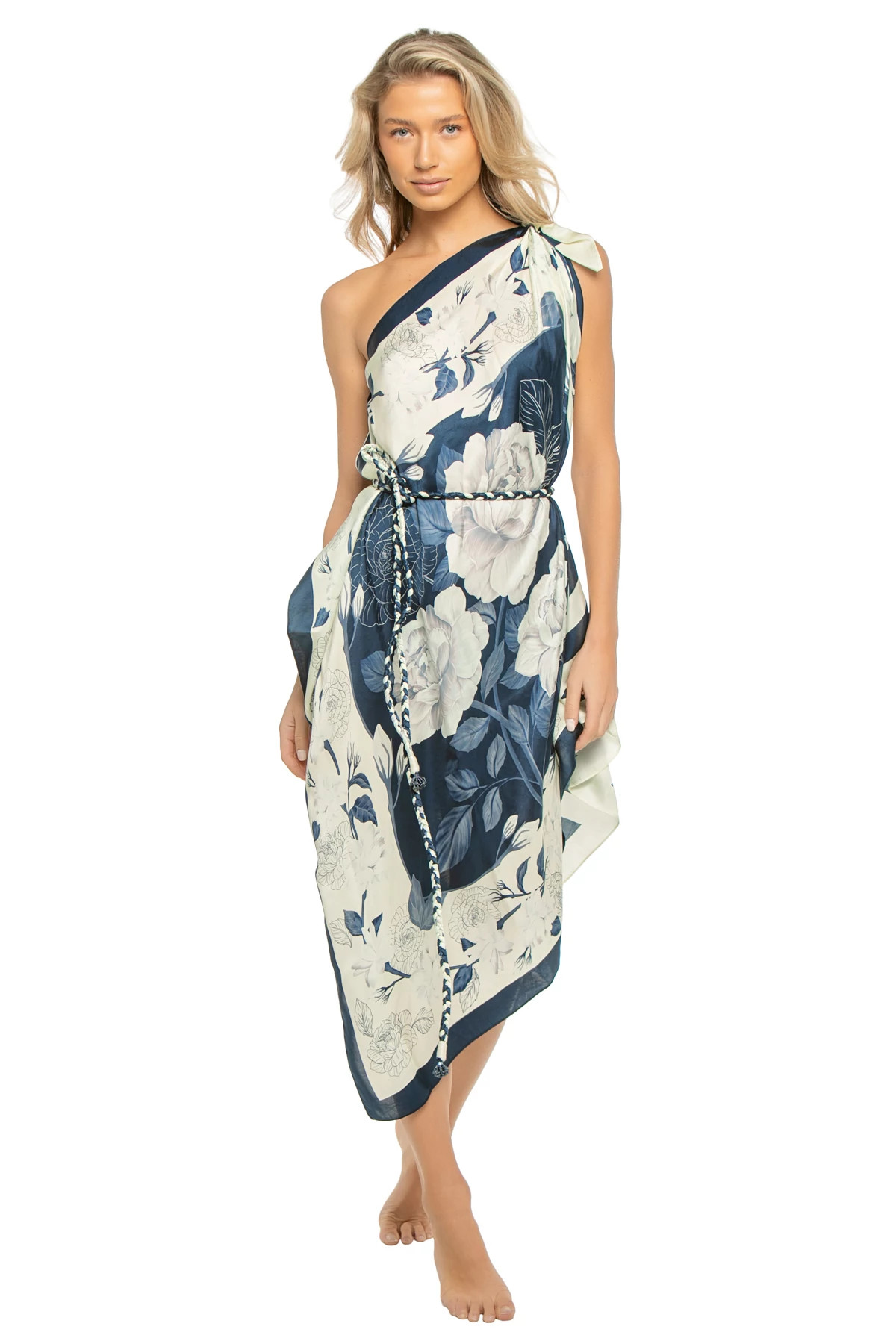 IVORY/NAVY ROSES Asymmetrical Multi-Way Scarf Maxi Dress image number 1