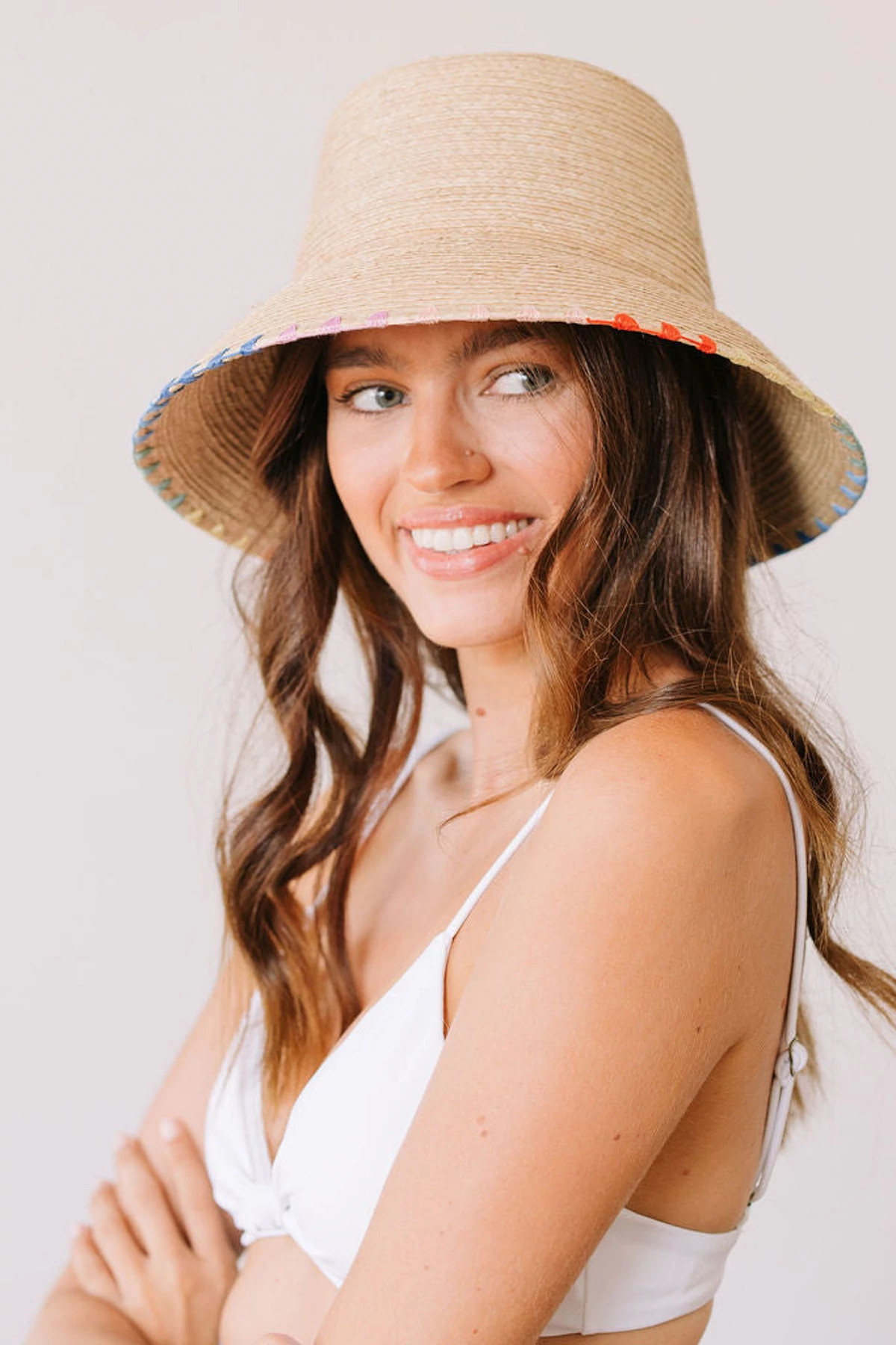 NATURAL Gabriela Straw Whipstitch Bucket Hat image number 3