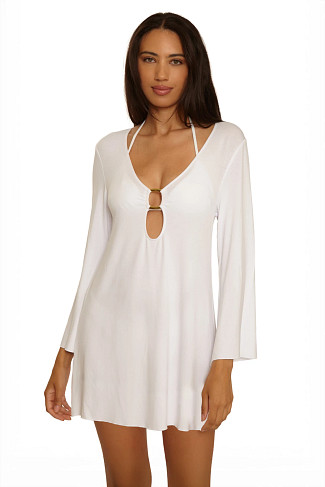 WHITE Long Sleeve Plunge Tunic Cover Up