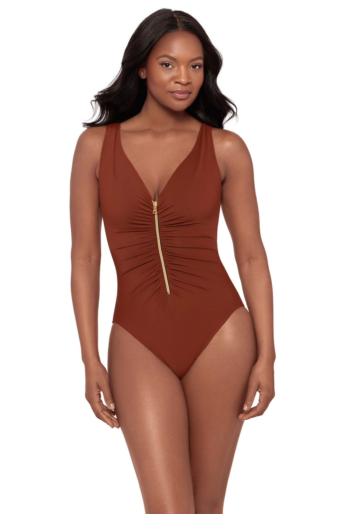 COPPER BROWN Zipt One Piece Swimsuit image number 1