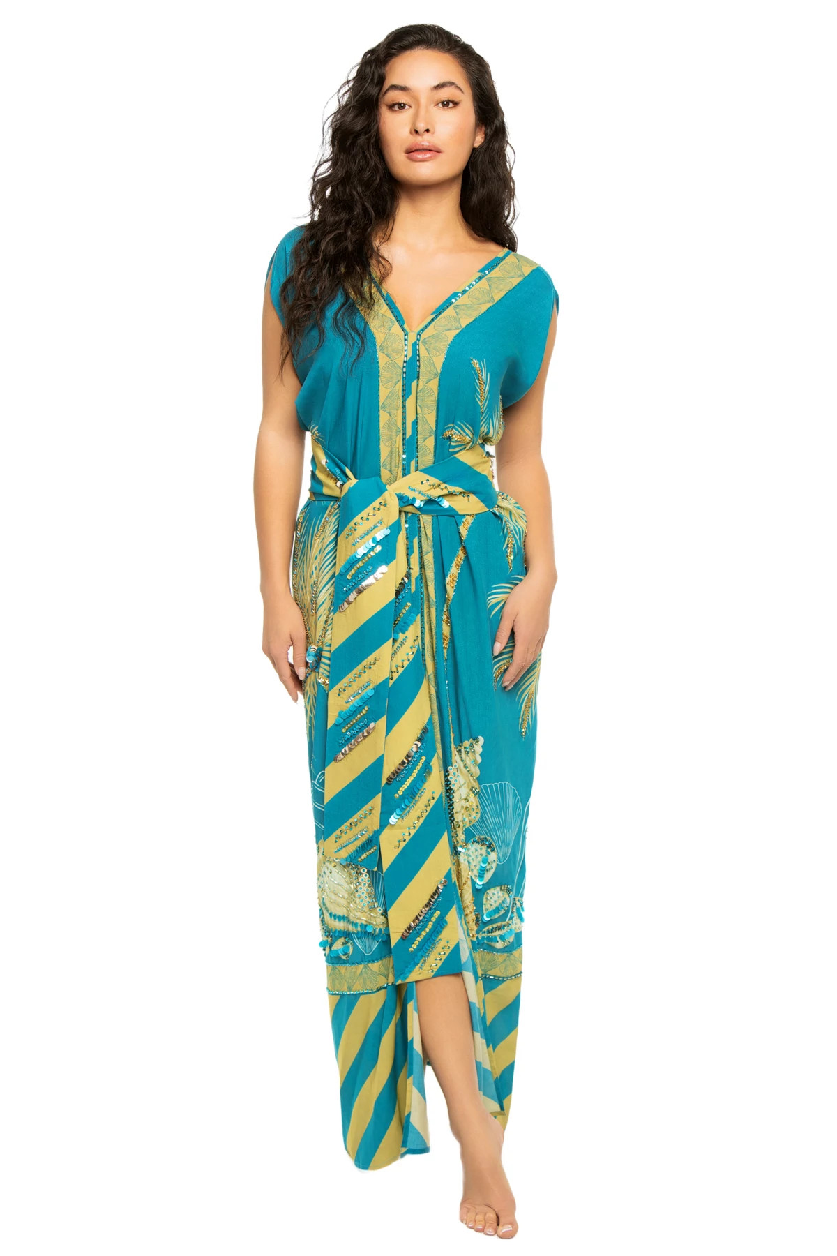 TEAL AND SAND PALM PANEL Beaded Caftan Dress image number 1