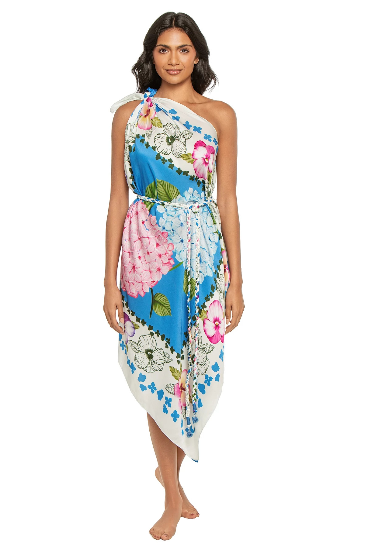 BLUE AND IVORY HYDRANGEA SCARF One Shoulder Bemberg Satin Maxi Dress image number 1