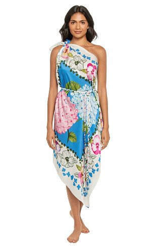 BLUE AND IVORY HYDRANGEA SCARF One Shoulder Bemberg Satin Maxi Dress