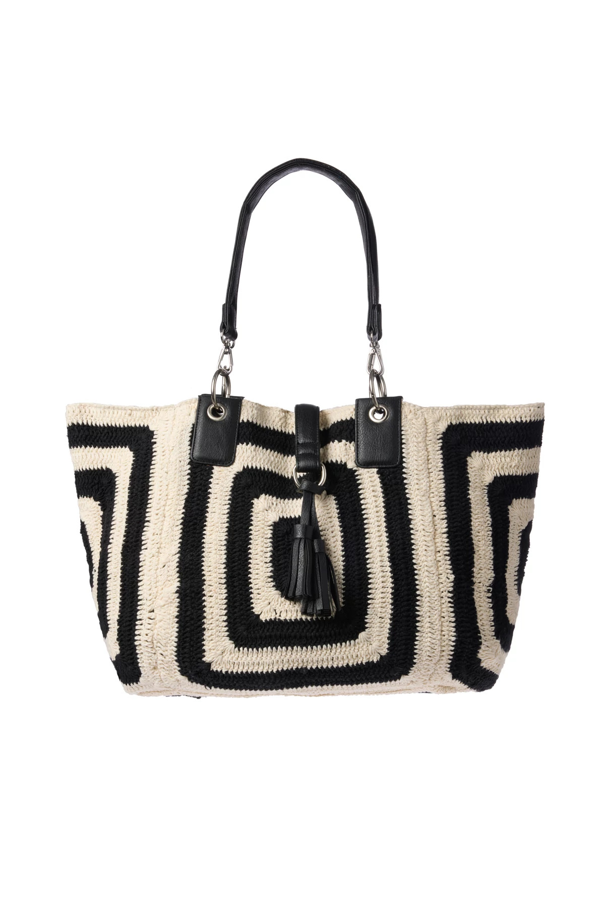 NATURAL/BLACK Square Crochet Oversized Tote image number 1
