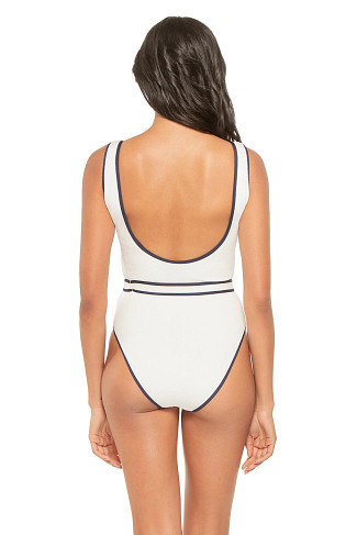 WHITE RIDGES/NAVY Rio Pucker Belted One Piece Swimsuit