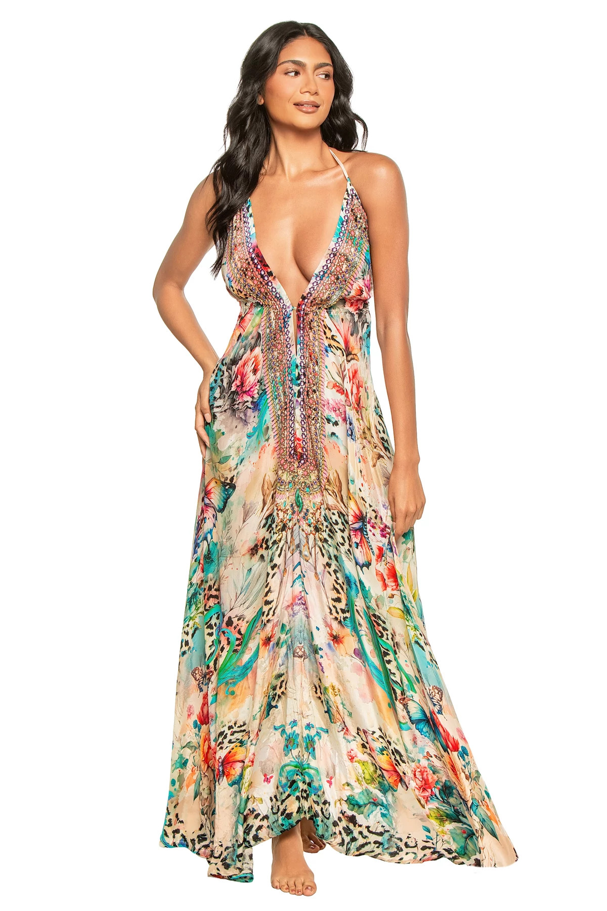 RIVIERA WILDFLOWER DREAM Embellished Hi-Low Halter Maxi Dress image number 1