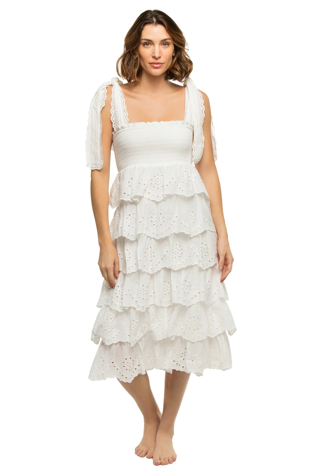 OFF WHITE Embroidered Ruffle Midi Dress image number 1