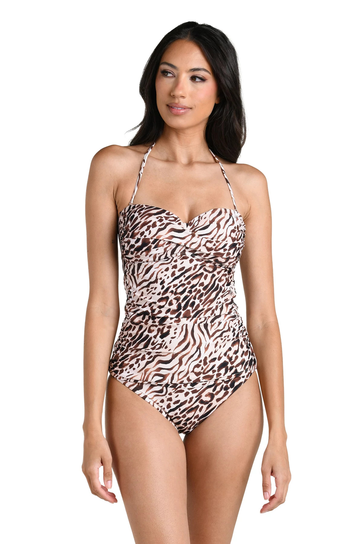 TAUPE Animal Print Ruched Bandeau Tankini Top image number 3