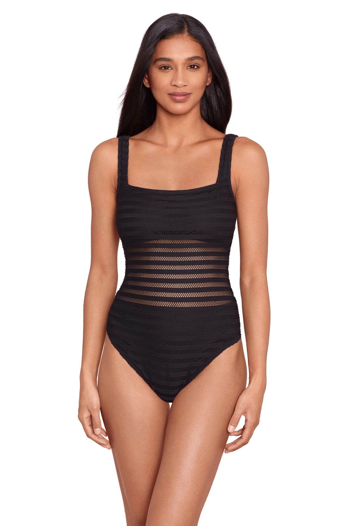 BLACK Mesh Over The Shoulder One Piece Swimsuit image number 1