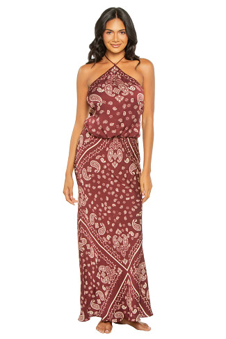 BURGUNDY Mona Bandana Print Halter Maxi Dress