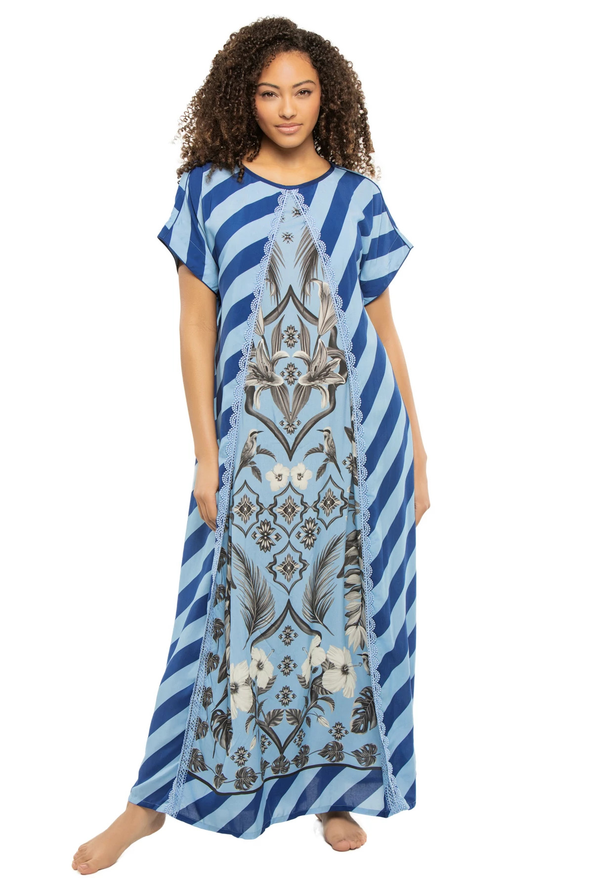 CORNFLOWER AND CHARCOAL PALM AZULEJOS Draped Maxi Caftan image number 1