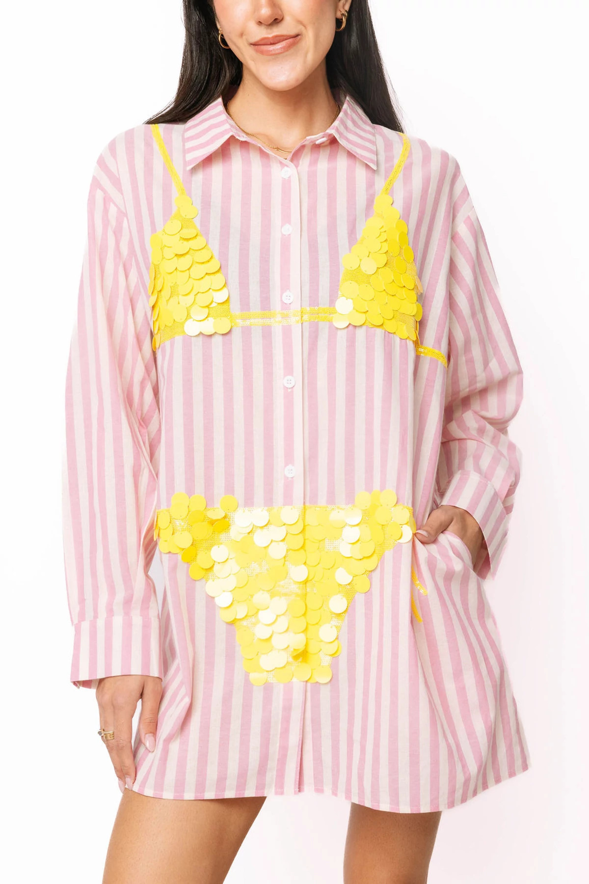 PINK Striped Sequin Bikini Graphic Tunic image number 3