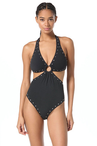 BLACK Crepe Halter One Piece Swimsuit
