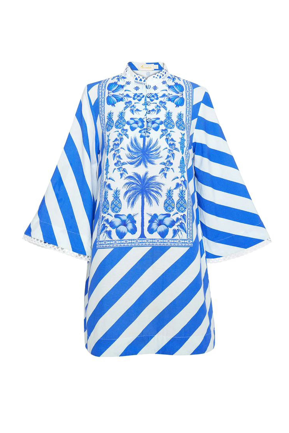 BLUE AND WHITE PALM AZULEJOS PANEL Anj Mini Kaftan Dress image number 4