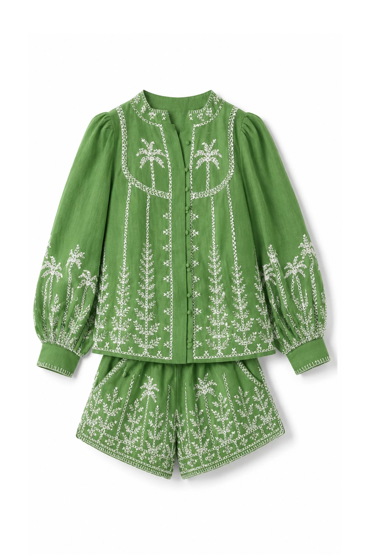 GREEN Linen Cross-Stitch Embroidered Blouse image number 4