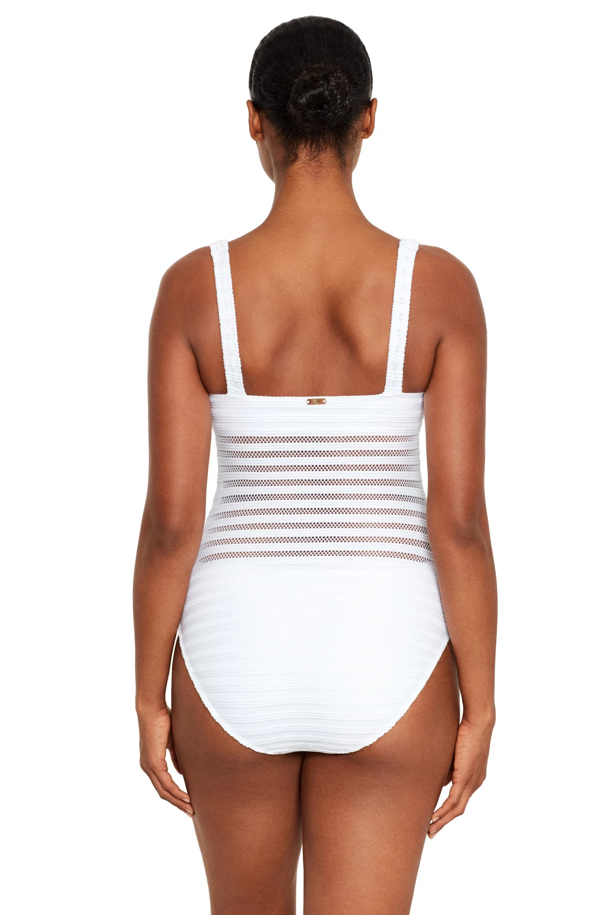 WHITE Mesh Over The Shoulder One Piece Swimsuit image number 2