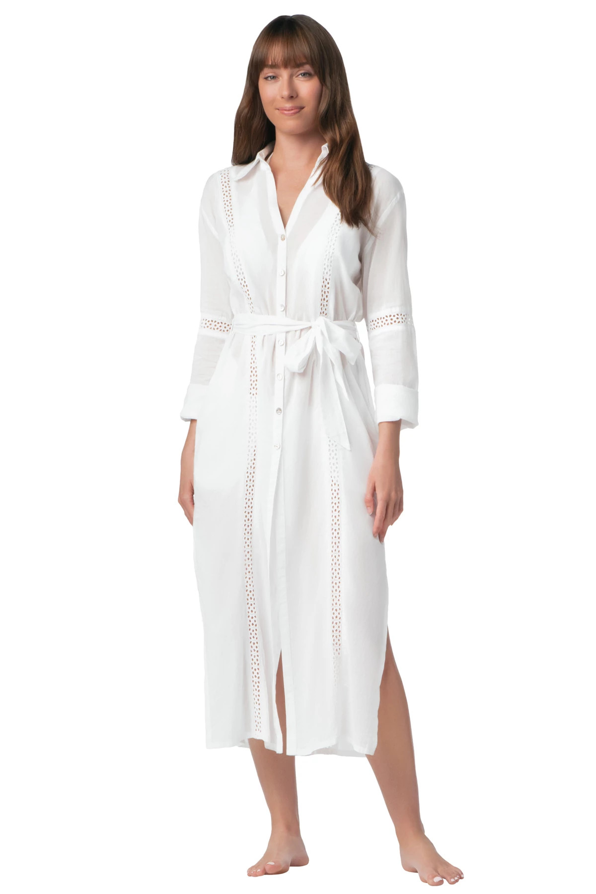 WHITE Eyelet Trim Long Cover Shirt Dress image number 1