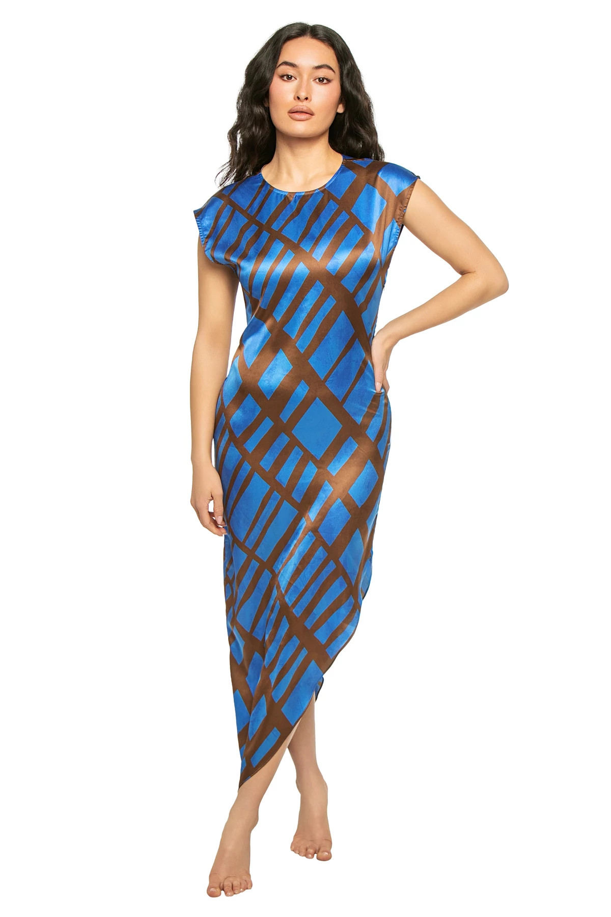 BLUE/BROWN MTRX STN FS033 Asymmetrical Midi Dress  image number 1