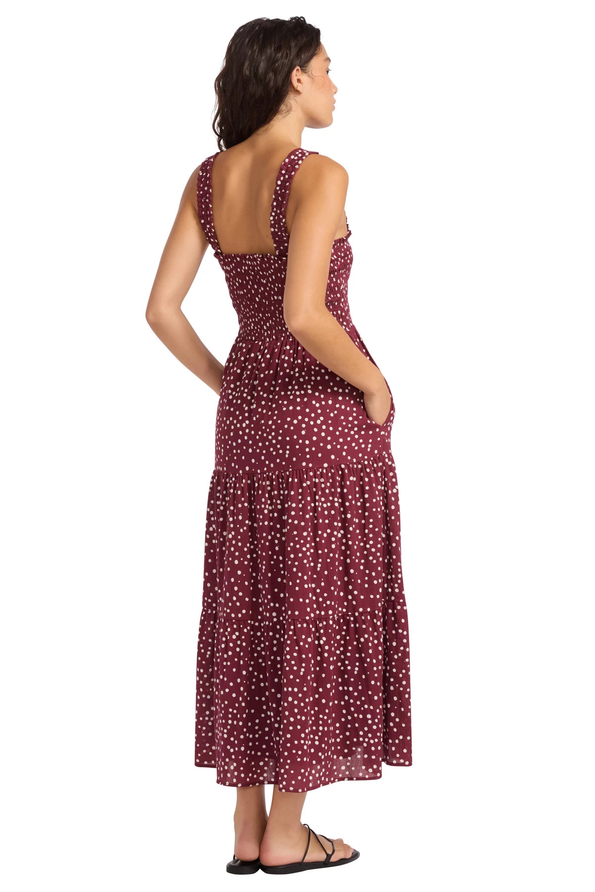 DARK BURGUNDY Dot Print Cotton Smocked Midi Dress image number 2