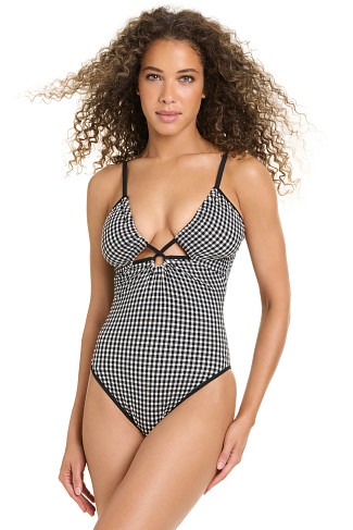 BLACK/CREAM Gingham Plunge One Piece Swimsuit