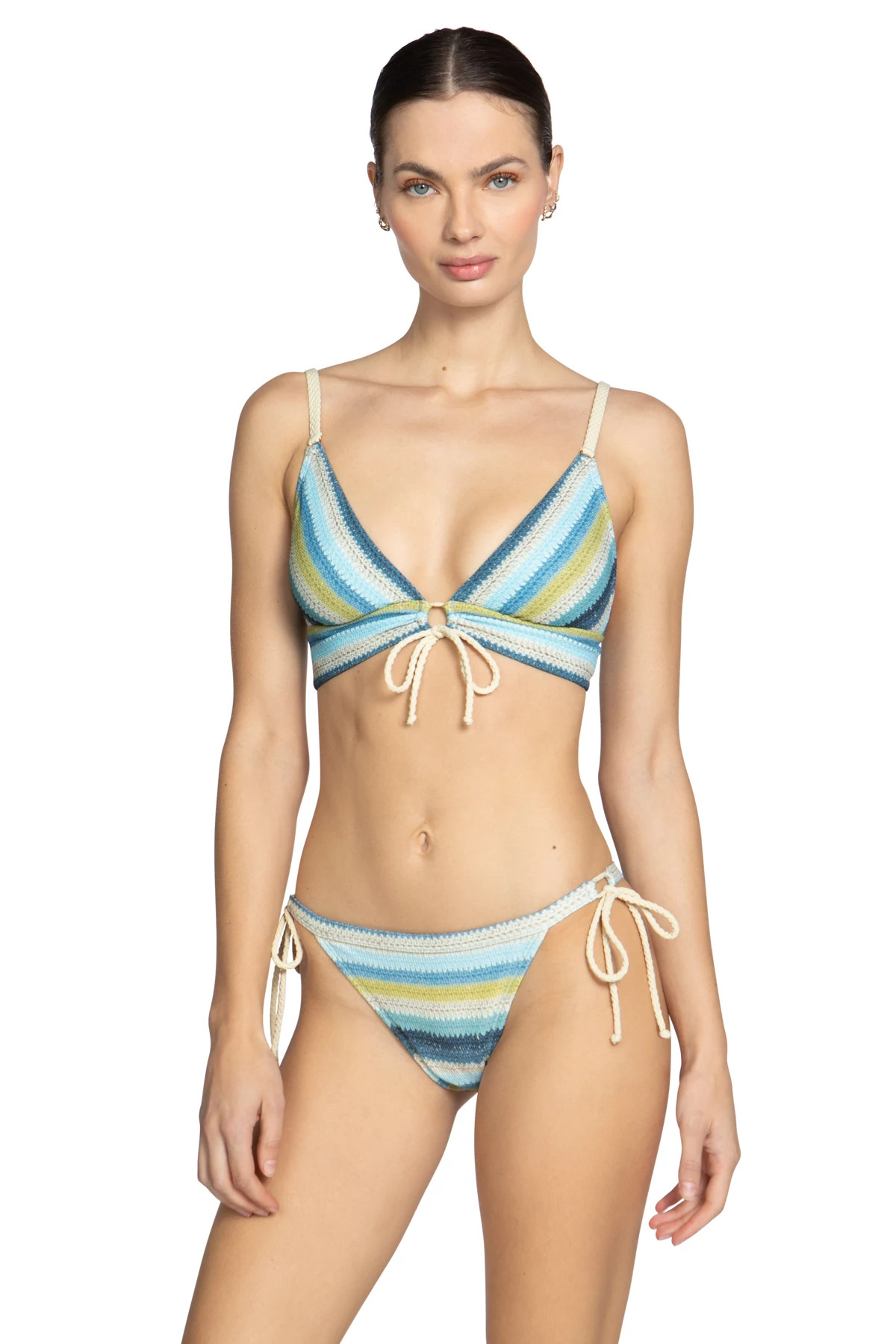 BLUE/HONEYDEW Lyra Striped Over The Shoulder Bikini Top image number 1