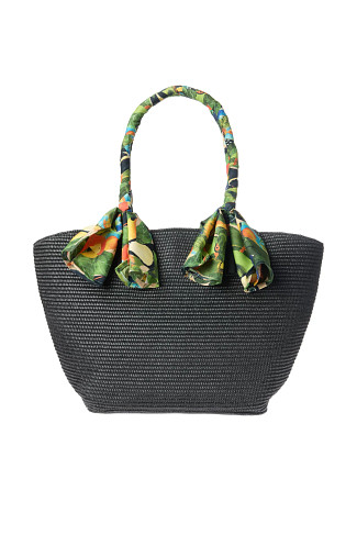 BLACK Tropical Scarf Raffia-Style Tote