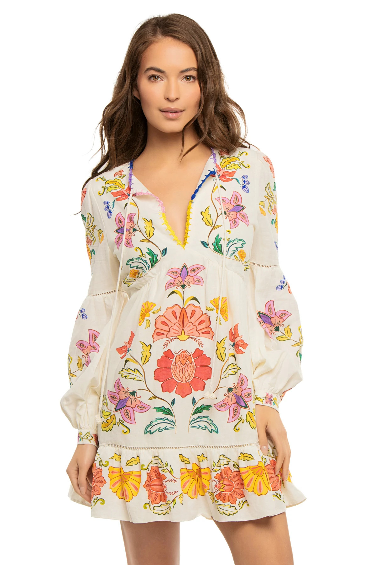 FLORAL INSECTS OFF-WHITE Long Sleeve Floral Mini Dress image number 1