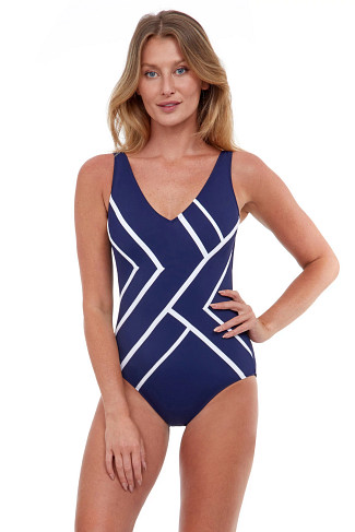 NAVY/WHITE V-Neck One Piece Swimsuit