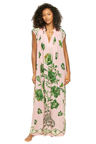 PINK FLORAL ORNATE BORDER/AQUA EMERALD PEONIES STRIPE Hand Beaded Blooming Peonies Maxi Dress
