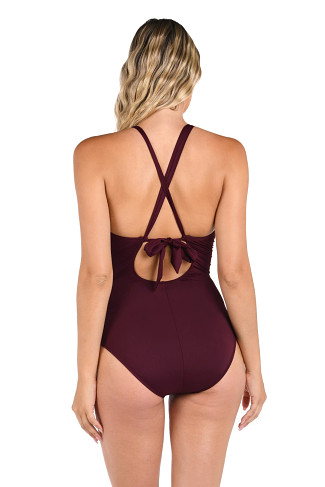 DARK CHERRY Keyhole High Neck One Piece Swimsuit