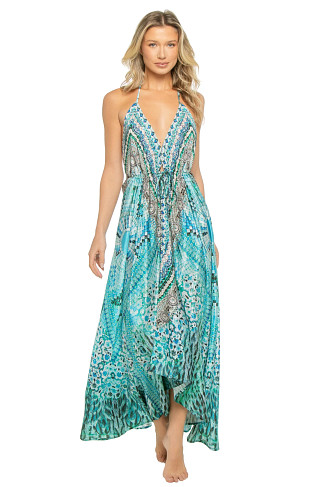 AZURE WILDERNESS Boho Print Hi-Low Halter Maxi Dress