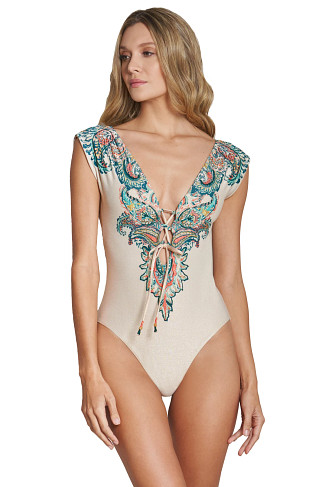 GREEN WATER Cap Sleeve Embroidered One Piece Swimsuit