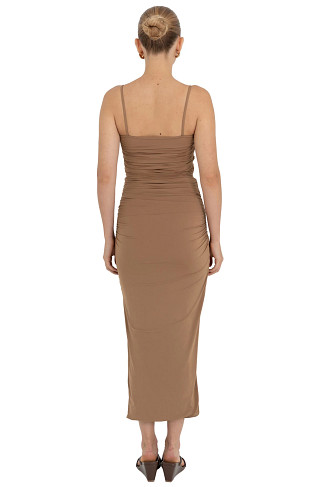 BRONZE BROWN Susurro Ruched Rosette Midi Dress