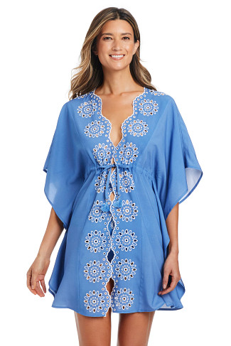 DRIFT BLEU/WHITE Embroidered Open Front Caftan