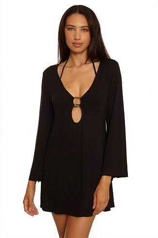 BLACK Long Sleeve Plunge Tunic Cover Up