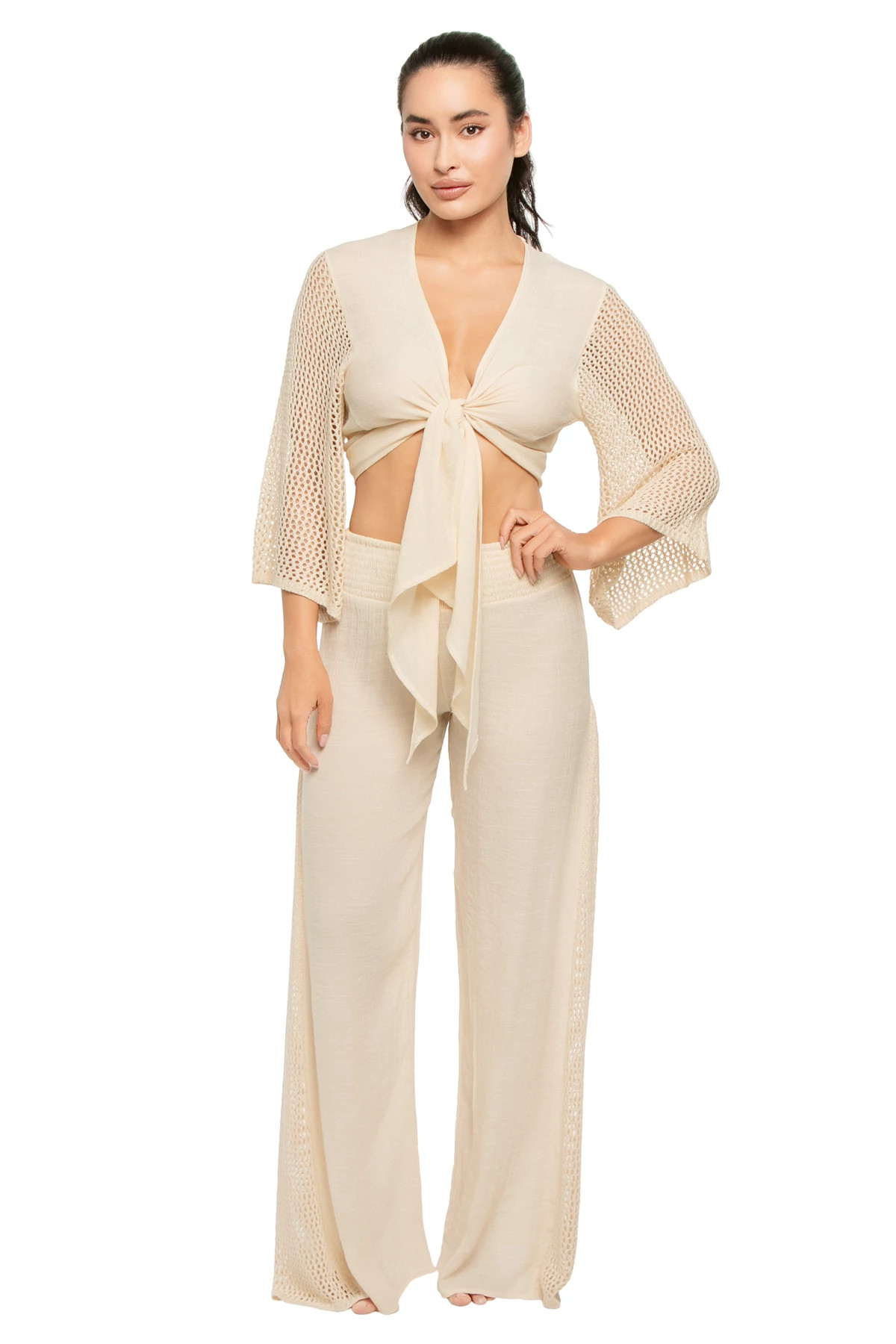 NATURAL Crochet Tie Front Crop Top image number 1