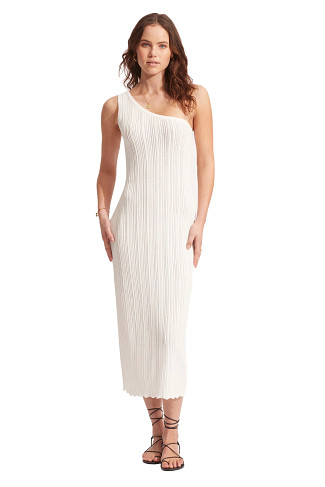 WHITE Crochet Knit Asymmetrical Midi Dress