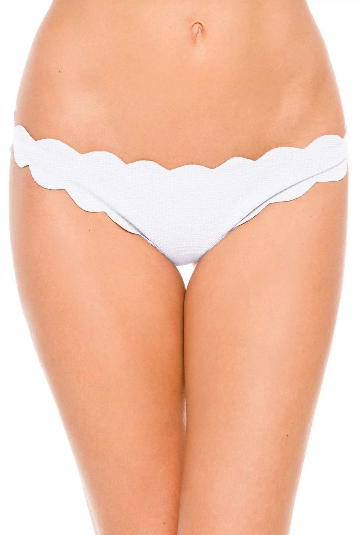 WHITE Low-Rise Scalloped Brazilian Bikini Bottom image number 1