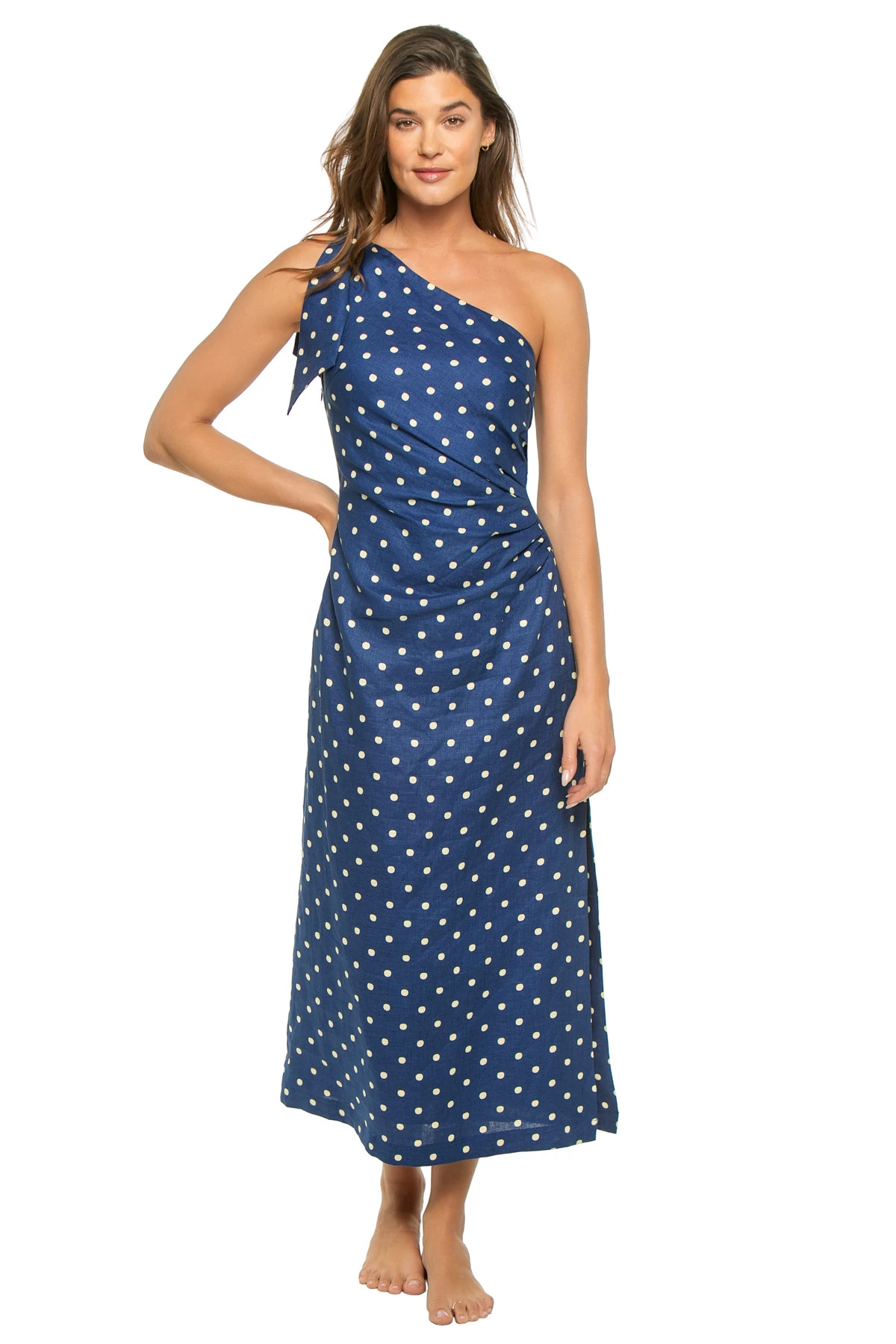 NAVY YELLOW Lily Linen Asymmetrical Midi Dress image number 3