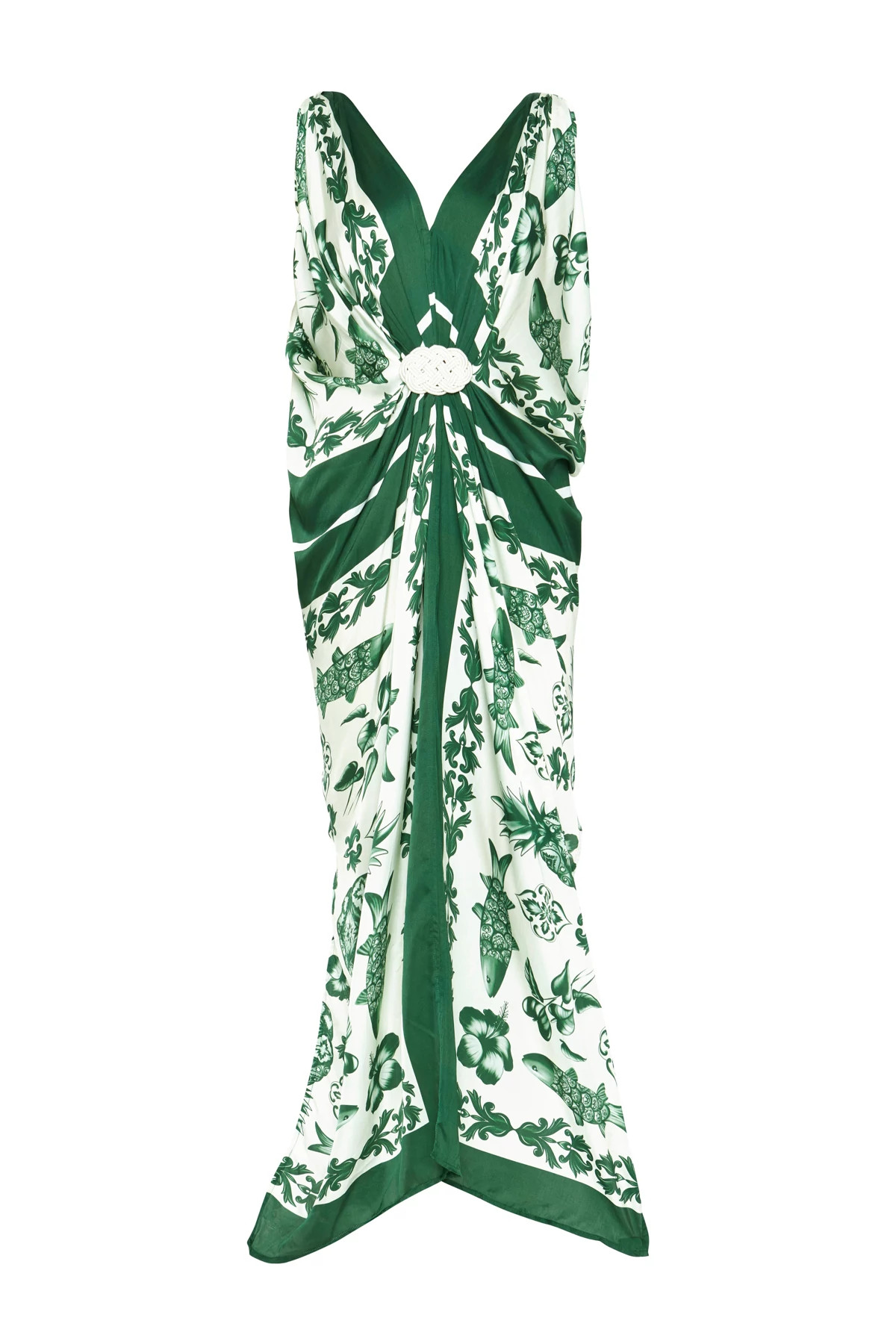 IVORY AND EMERALD GREEN AZULEJOS SCARF Hand Draped Long Gown image number 4