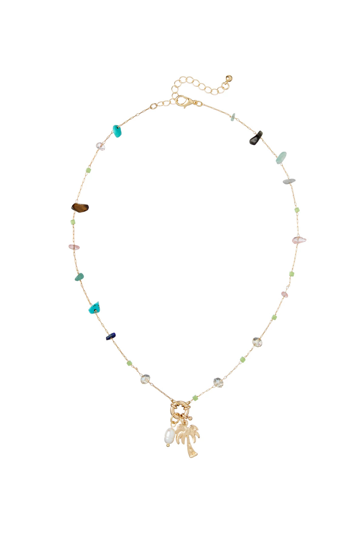 GOLD Palm Tree Charm Pearl Necklace image number 1