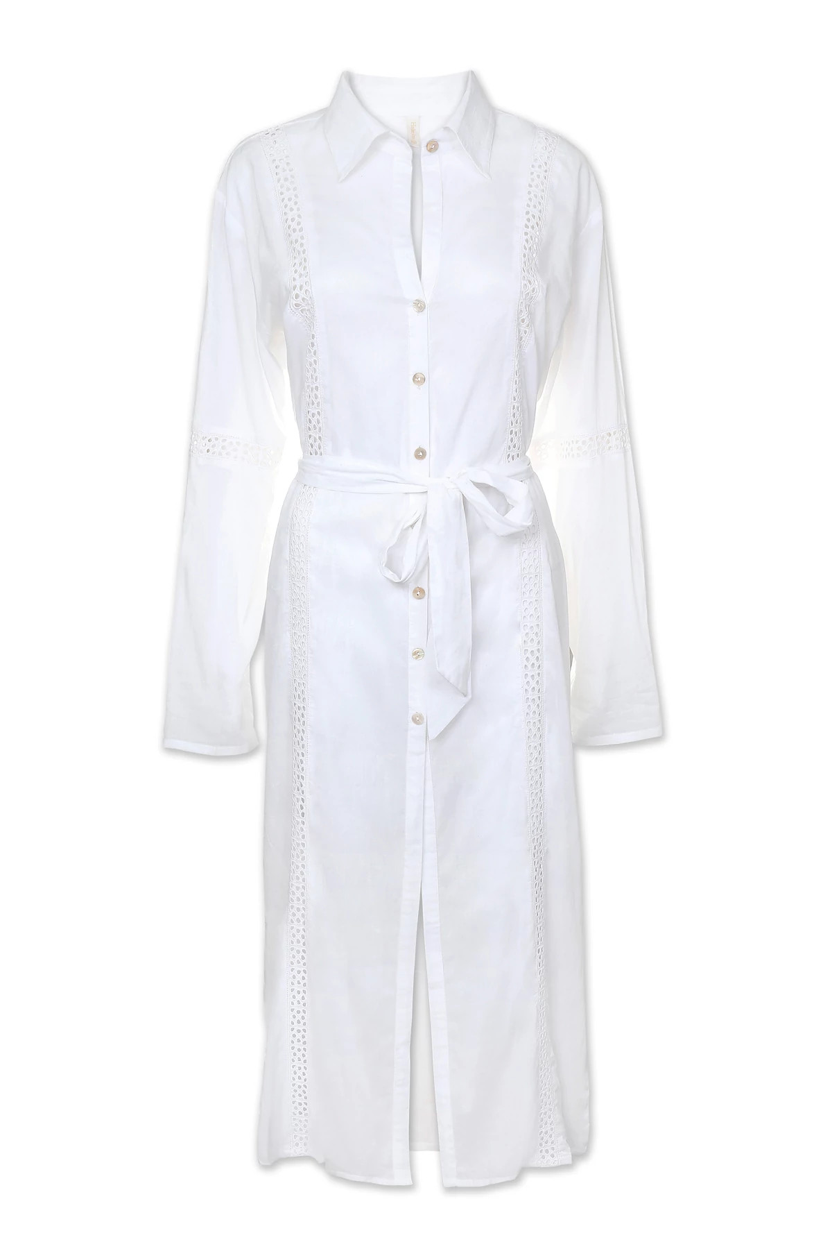 WHITE Eyelet Trim Long Cover Shirt Dress image number 5