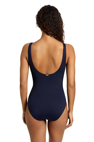 DARK NAVY Ruffle Over The Shoulder One Piece Swimsuit